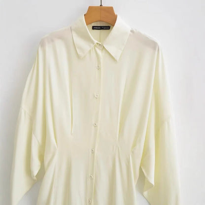 Dam Skjortablusklänning med Puffärmar och Svängande Kjol i Lätt Material-3