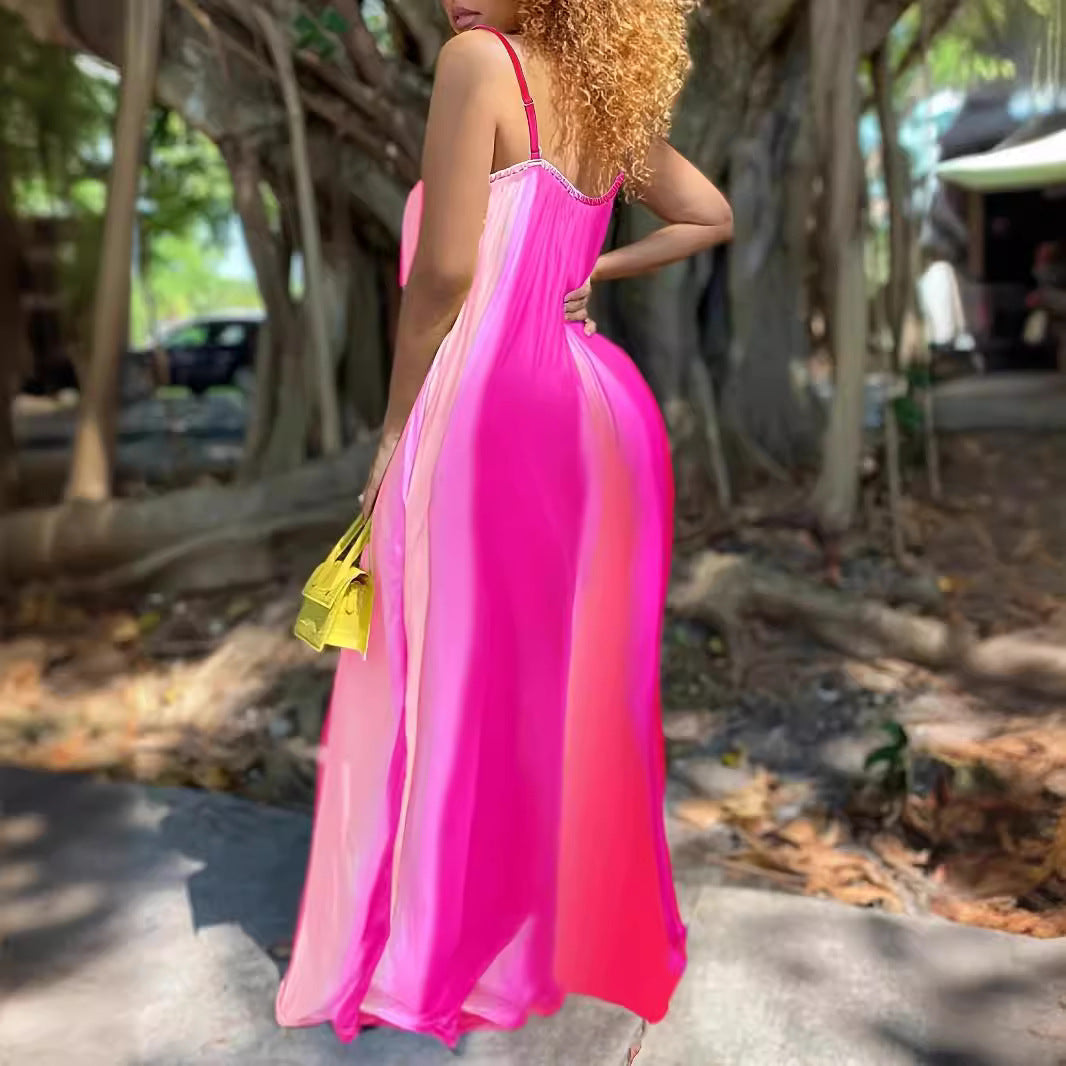 Kvinnors Lång Klänning Djup V-Hals Spagettiband Polyester 4