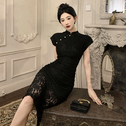 Dam Qipao Klänning Midi Längd Högkvalitativt Tyg för Bröllop och Formella Evenemang-4