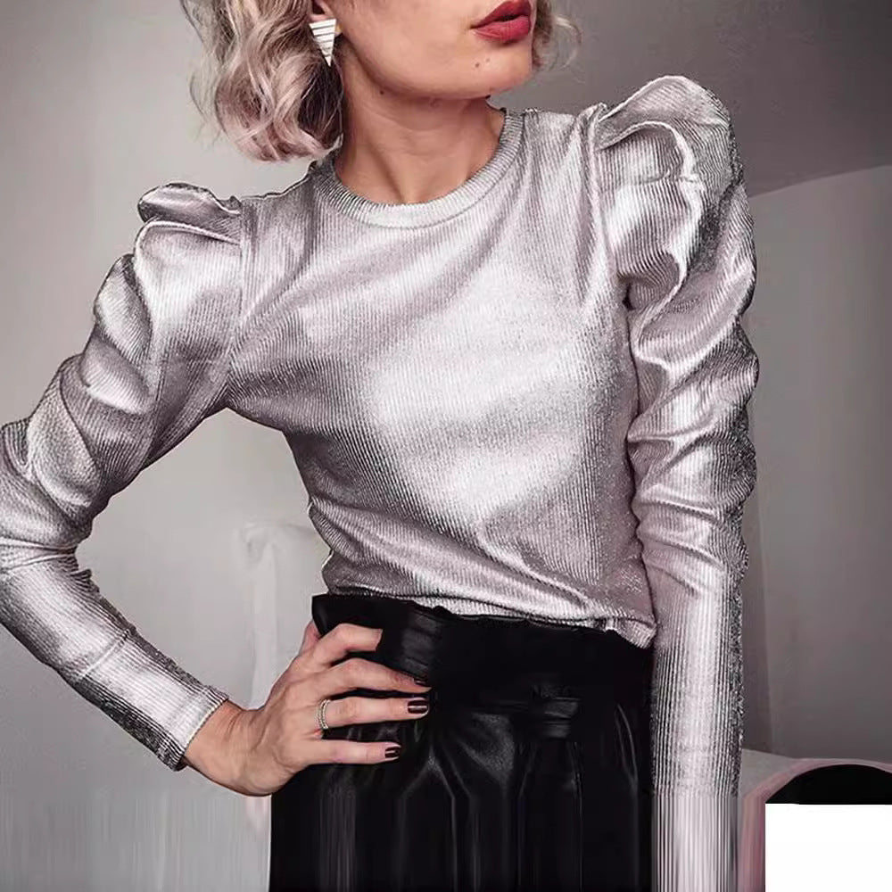 Dam T-shirt Punk Stil Avslappnad 100% Bomull Metallic Guld-3