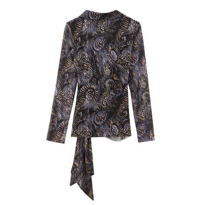 Dam Blus Asymmetrisk Design Blommönster Lätt Tyg-2