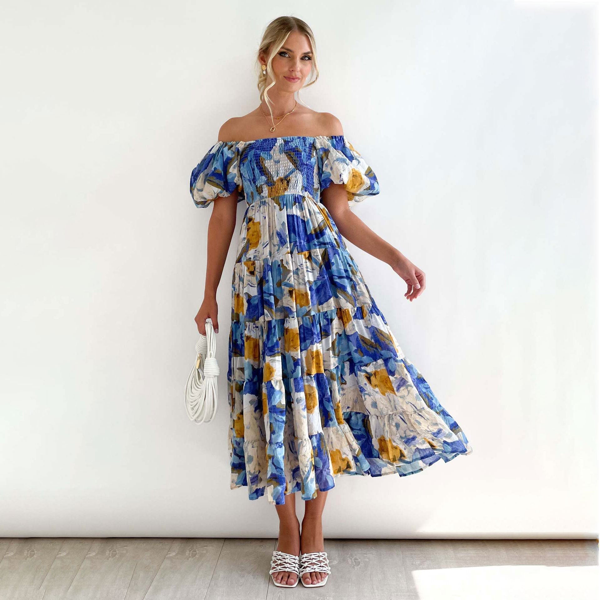 Kvinnors A-linje Klänning med Lanternärm Hög Midja Polyester-4