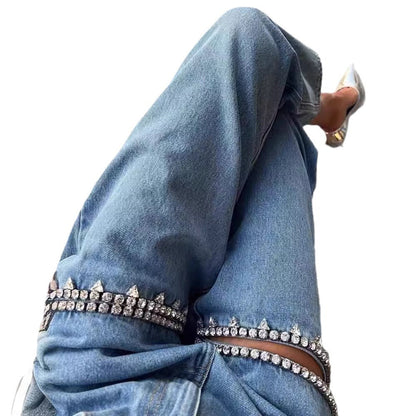 Dam Jeans Rak Snitt Polyester med Hål-5