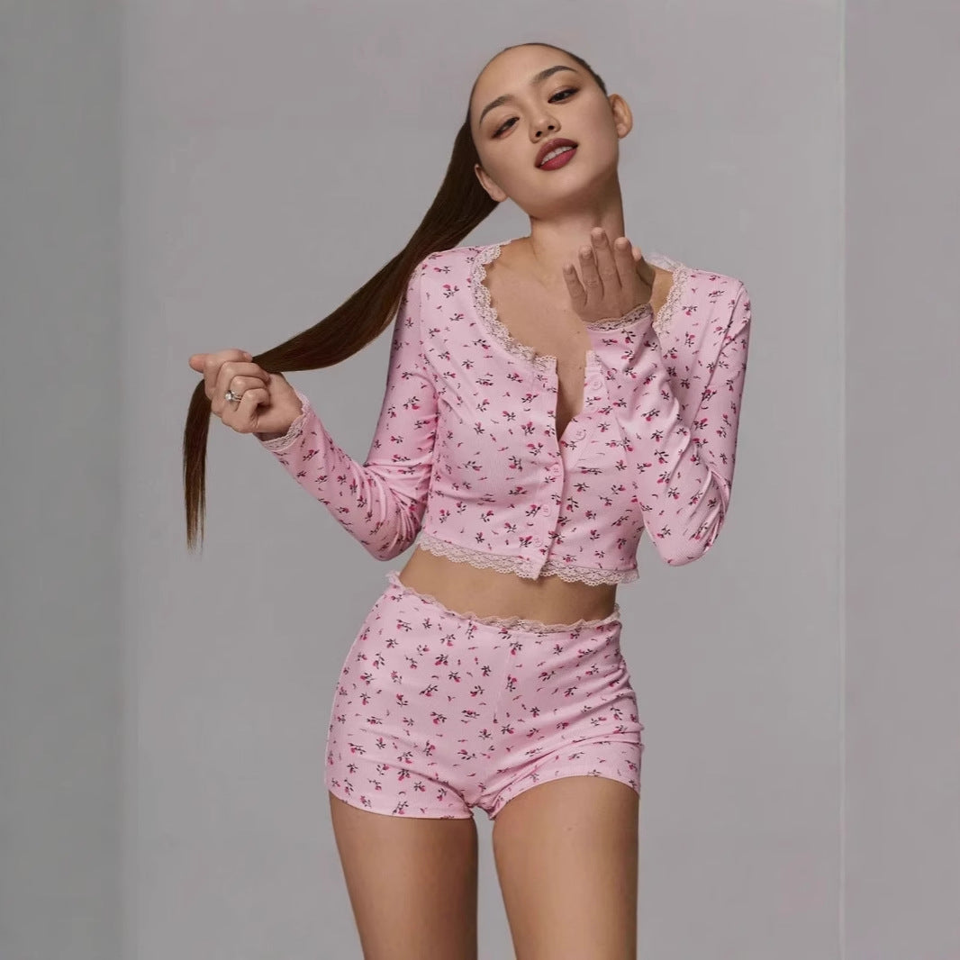 Dam Loungewear Set Blommig Långärmad Polyester-4