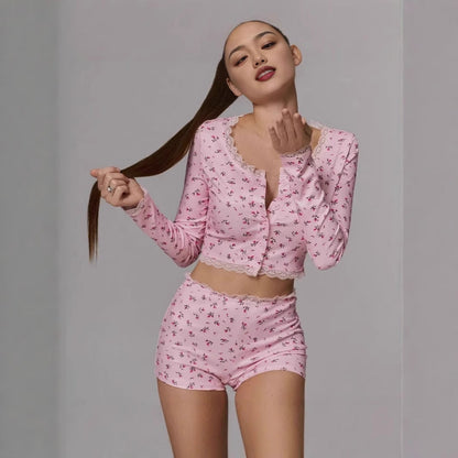 Dam Loungewear Set Blommig Långärmad Polyester-4