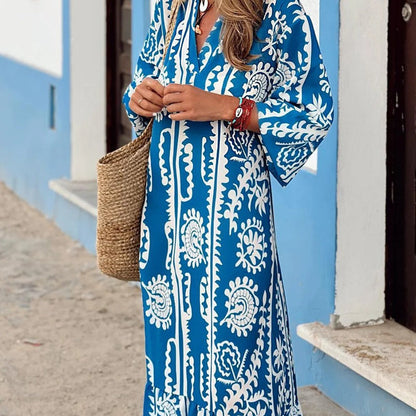 Dam Klänning V-ringad Blommönstrad Polyester H-linjeform Tre Fjärdedels Ärmar-2