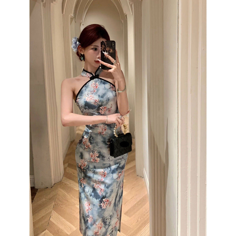 Dam Klänning Bodycon Lång Qipao Polyester med Blommönster-5