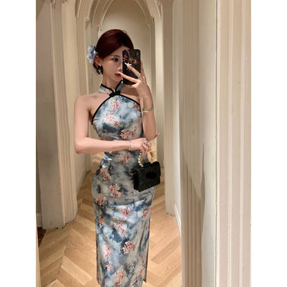Dam Klänning Bodycon Lång Qipao Polyester med Blommönster-5