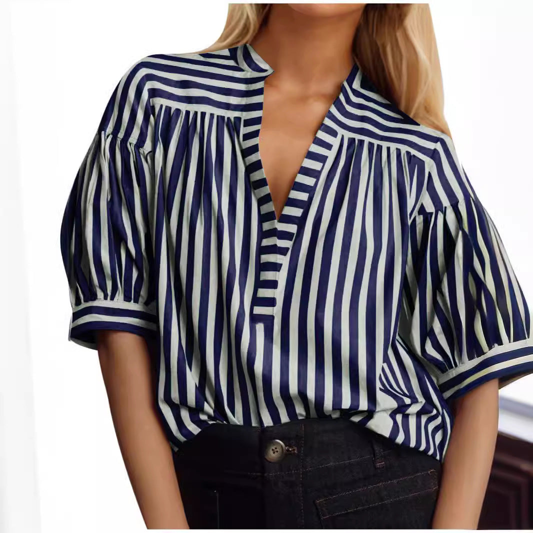 Dam V-hals Topp Randig Lapptäcke Chiffon-6