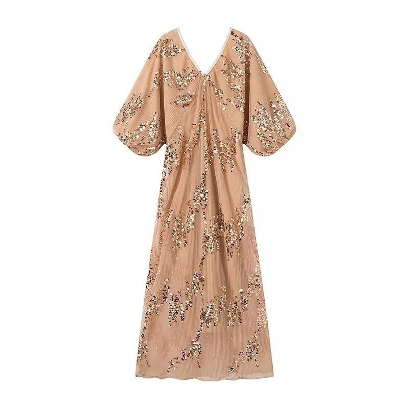 Dam Maxiklänning Voluminösa Ärmar Med Broderi-6