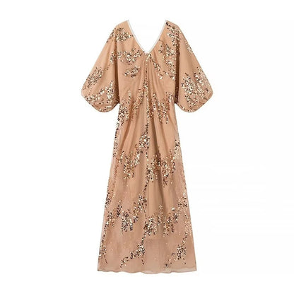 Dam Maxiklänning Voluminösa Ärmar Med Broderi-6