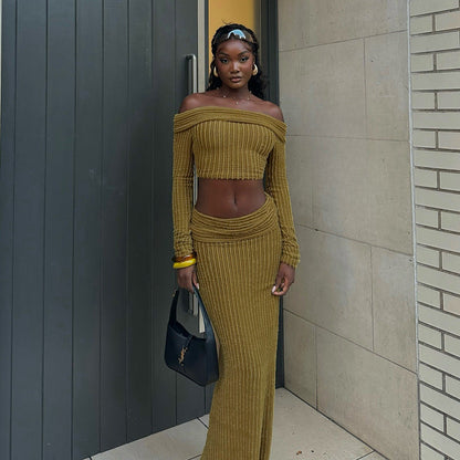 Kvinnors Axelfri Topp Figurkramande Kjol Elastisk Stickad Set-3