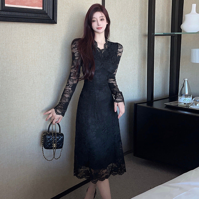 Dam Klänning Midi V-ringning Långa Ärmar Högkvalitativt Tyg-1