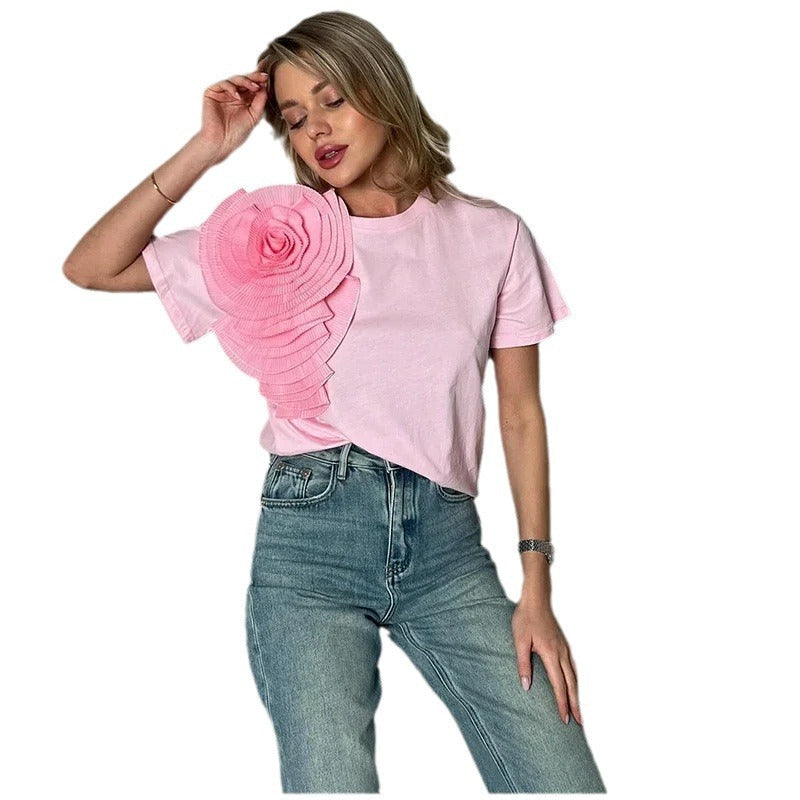 Dam T-shirt Lätt Polyester 3D Blommönster Loose Fit Korta Ärmar-6