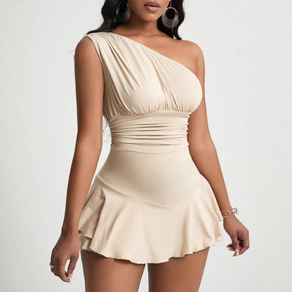 Dam Kort Klänning Hög Midja Diagonal Krage Polyester Ärmös-4