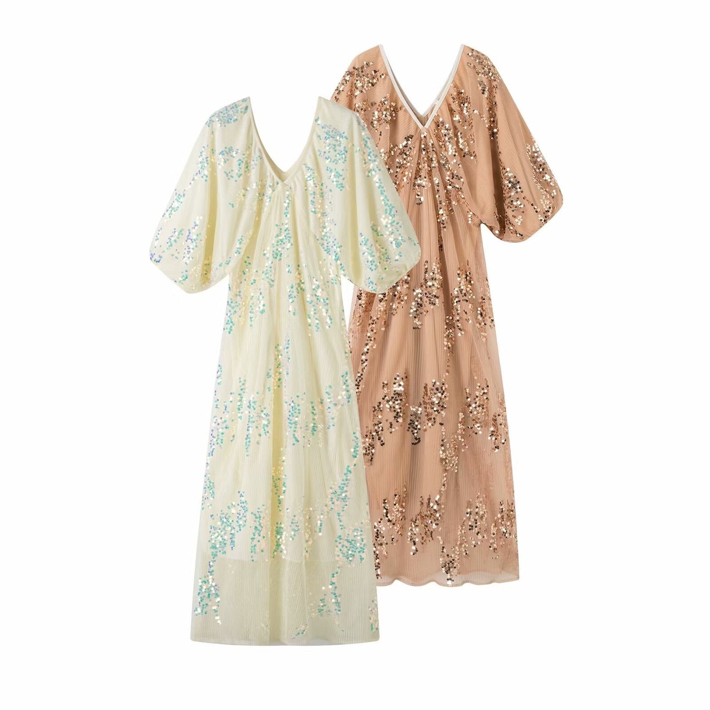 Damklänning A-Linje V-ringning Kort Ärmar Patchwork 100% Polyester-2