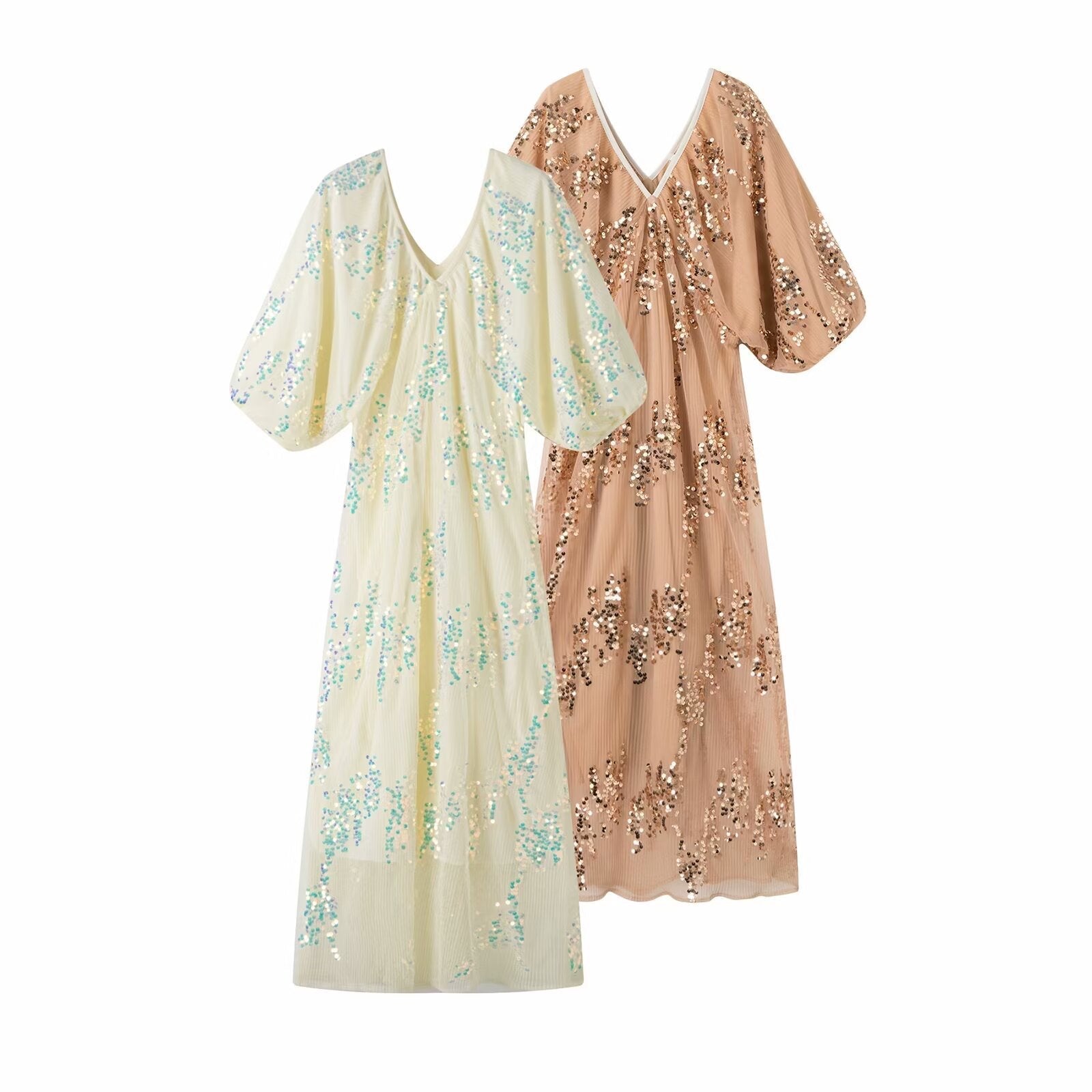 Damklänning A-Linje V-ringning Kort Ärmar Patchwork 100% Polyester-2