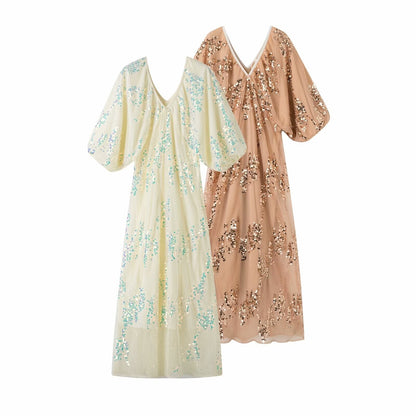 Damklänning A-Linje V-ringning Kort Ärmar Patchwork 100% Polyester-2