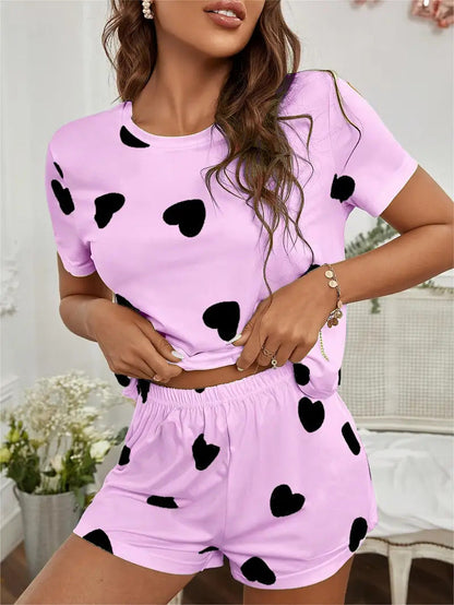 Variant image for Dam Pyjamasuppsättning med Rosa Hjärttryck i Polyester för Sommar-5