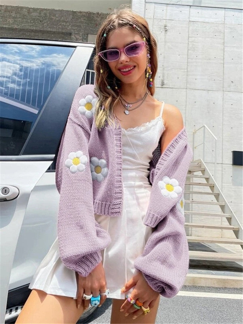 Dam Cardigan Blommönster Lätt Viskos med Lanternärmar-5