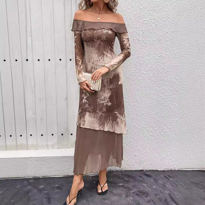 Damklänning Off-the-Shoulder Blommönster Lång Elastisk Dubbelskikt-5