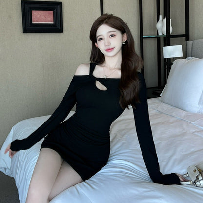 Kvinnors Bodycon Klänning Off-Shoulder Stretch Bomull-4