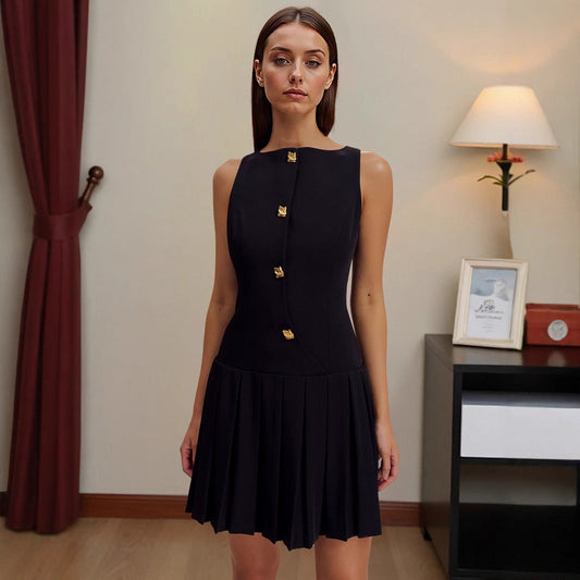 Kvinnors Ärmlös Klänning med Guldknappar Mjuk Tyg 1