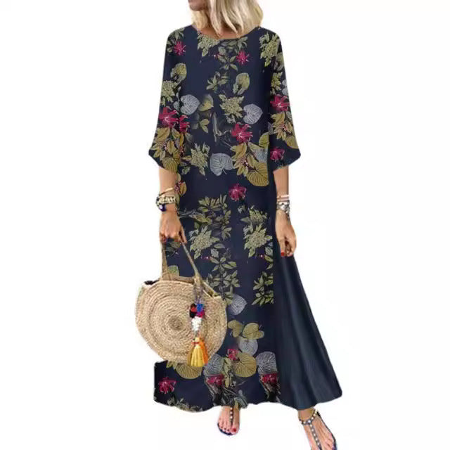 Damklänning A-Linjeformad Rund Hals Bomull med Tryckt Mönster-4