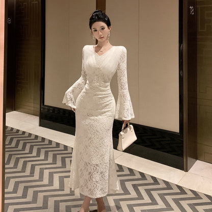 Dam Svansklänning V-Neck Lång Kjol Spets Högkvalitativt Tyg-2