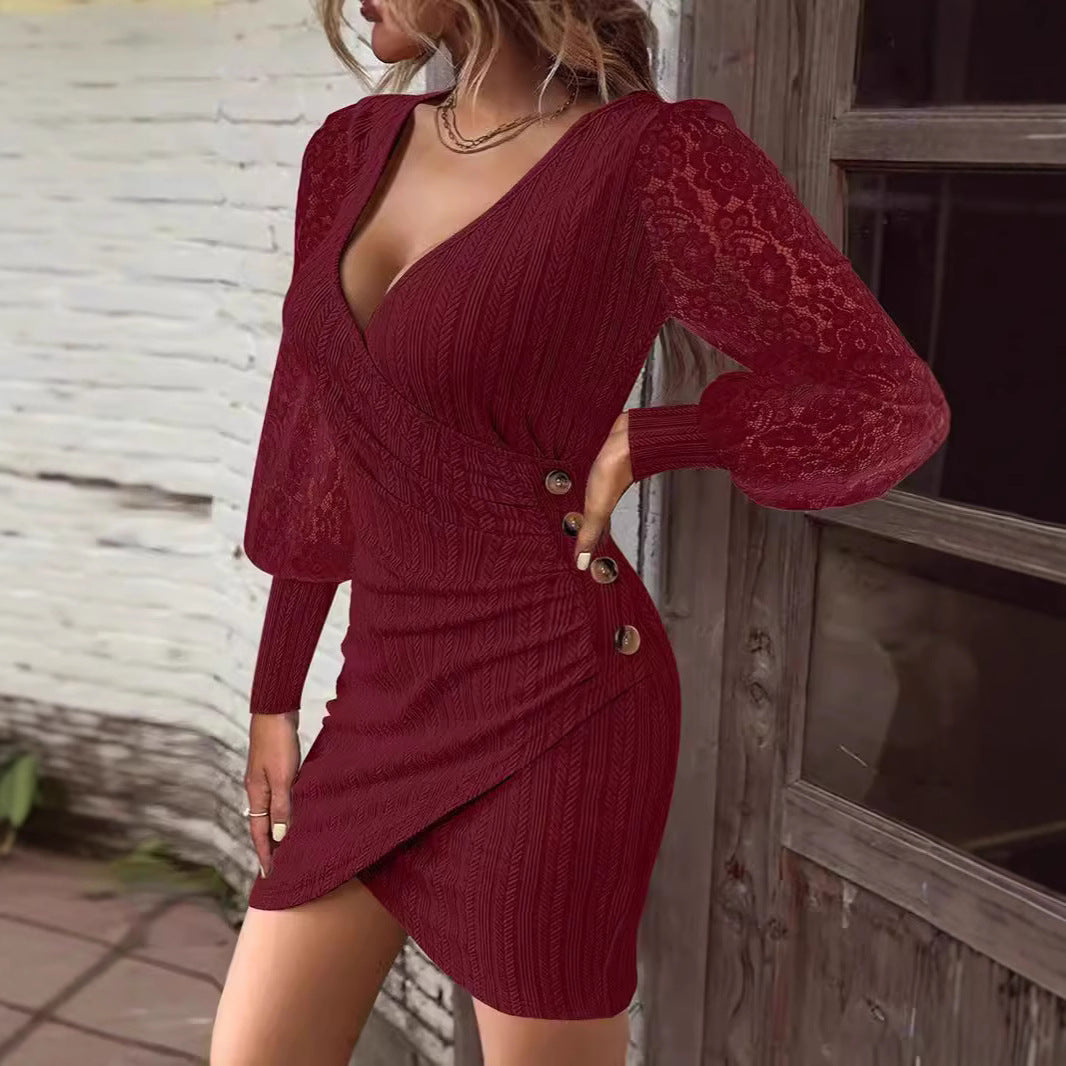 Kvinnors Bodycon Klänning V-ringad Långärmad Polyester-5