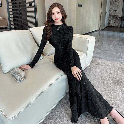 Dam Klänning V-ringad Långärmad Rüschensrock i Högkvalitativt Tyg-5