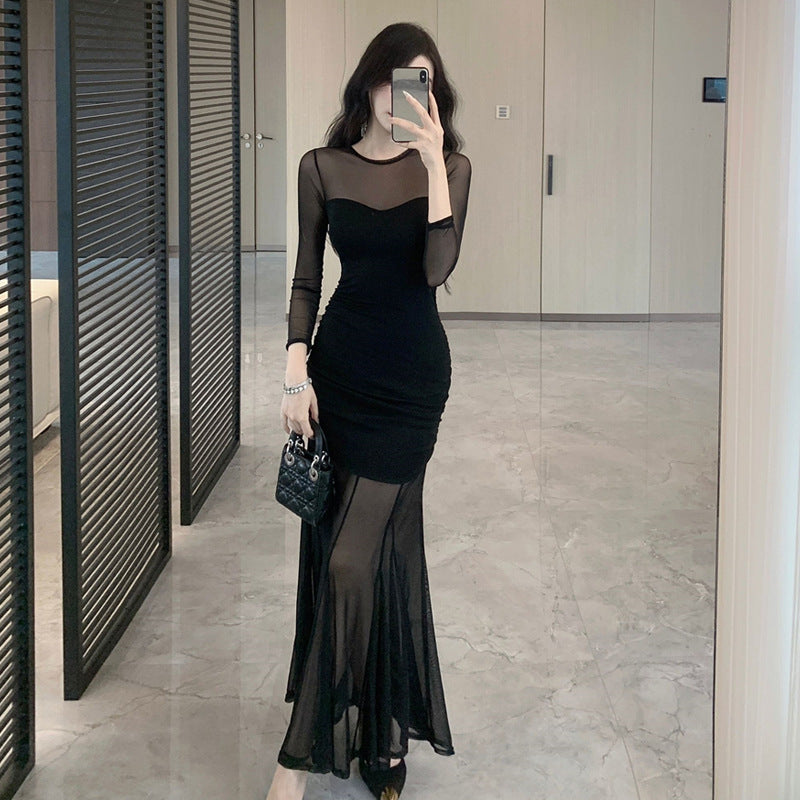 Dam Bodycon Klänning Lång Svart Mesh-4