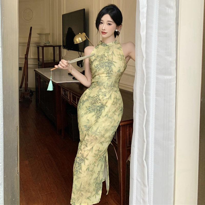 Kvinna Cheongsam Klänning Lång Chiffon-3