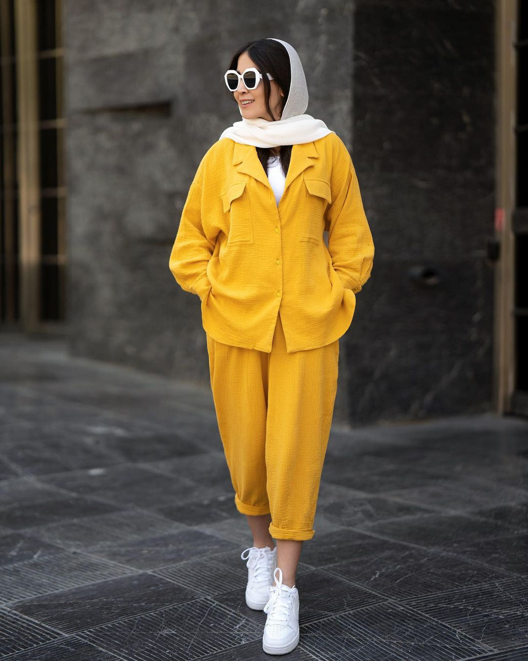 Kvinnors Långärmad Skjorta Nio-punkts Byxor Set Polyester-4