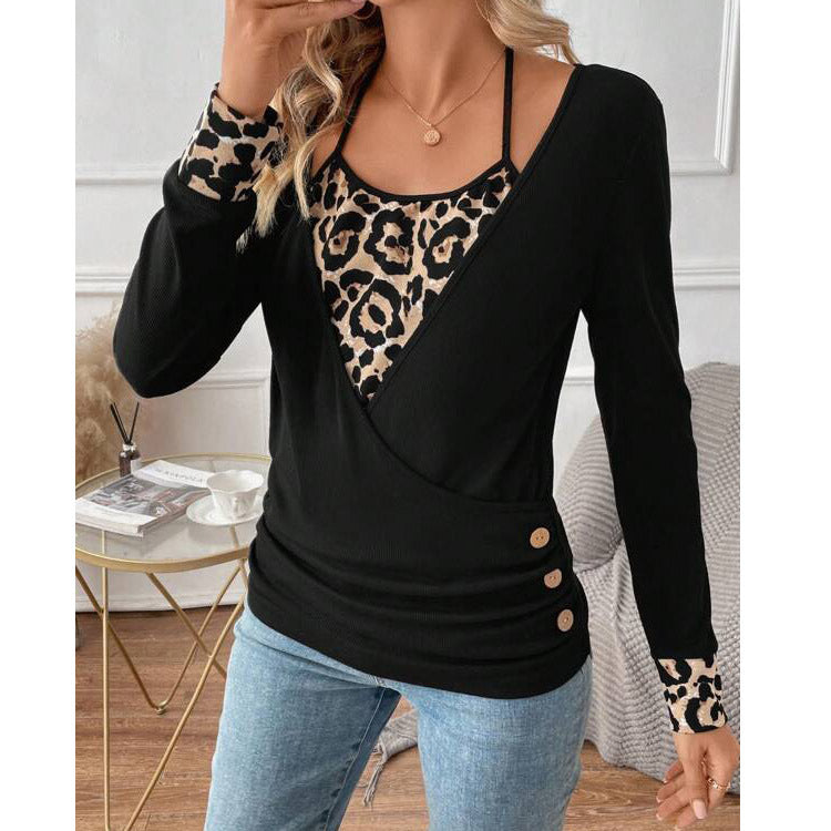 Dam T-shirt Slim Fit Leopardsmönster V-ringning Polyester Spandex-5