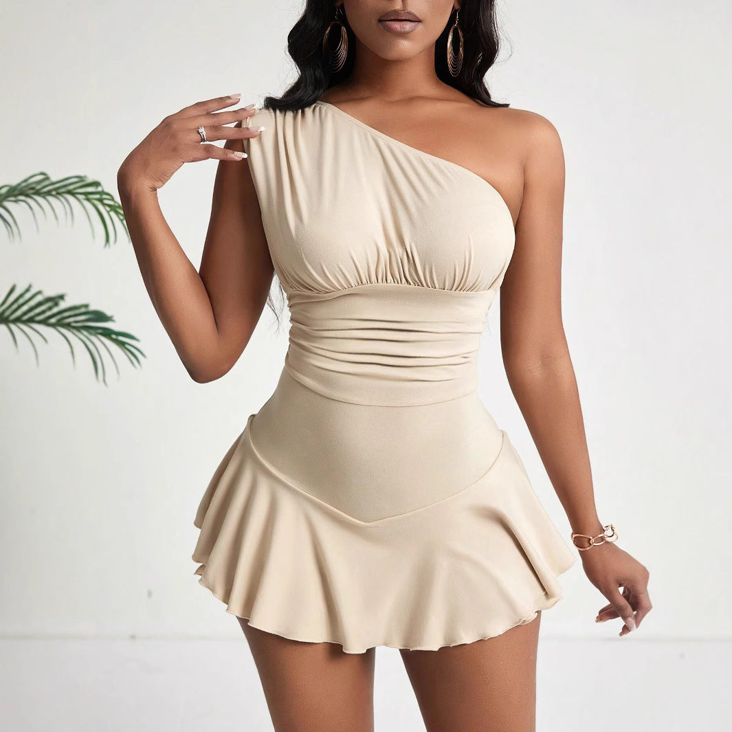 Dam Kort Klänning Hög Midja Diagonal Krage Polyester Ärmös-2