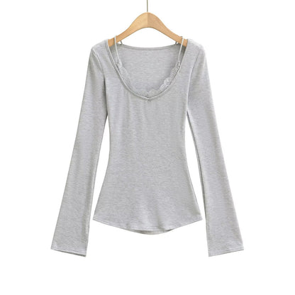 Långärmad Topp med V-ringning i Mjuk Bomullsmix – Figur-hugging Passform och Utställda Ärmar, Flera Färger 1
