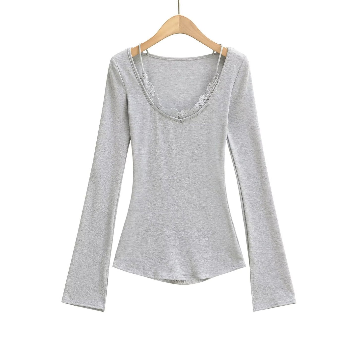 Långärmad Topp med V-ringning i Mjuk Bomullsmix – Figur-hugging Passform och Utställda Ärmar, Flera Färger 6
