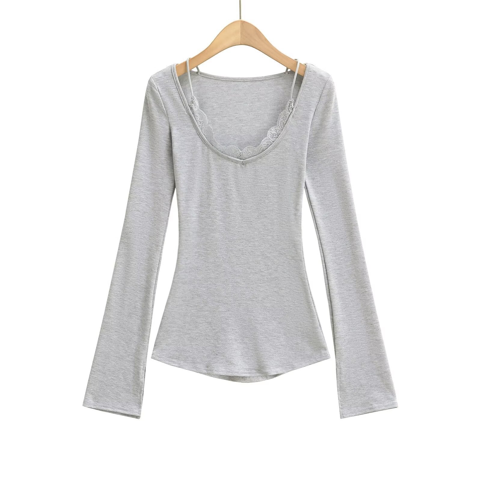 Långärmad Topp med V-ringning i Mjuk Bomullsmix – Figur-hugging Passform och Utställda Ärmar, Flera Färger 6
