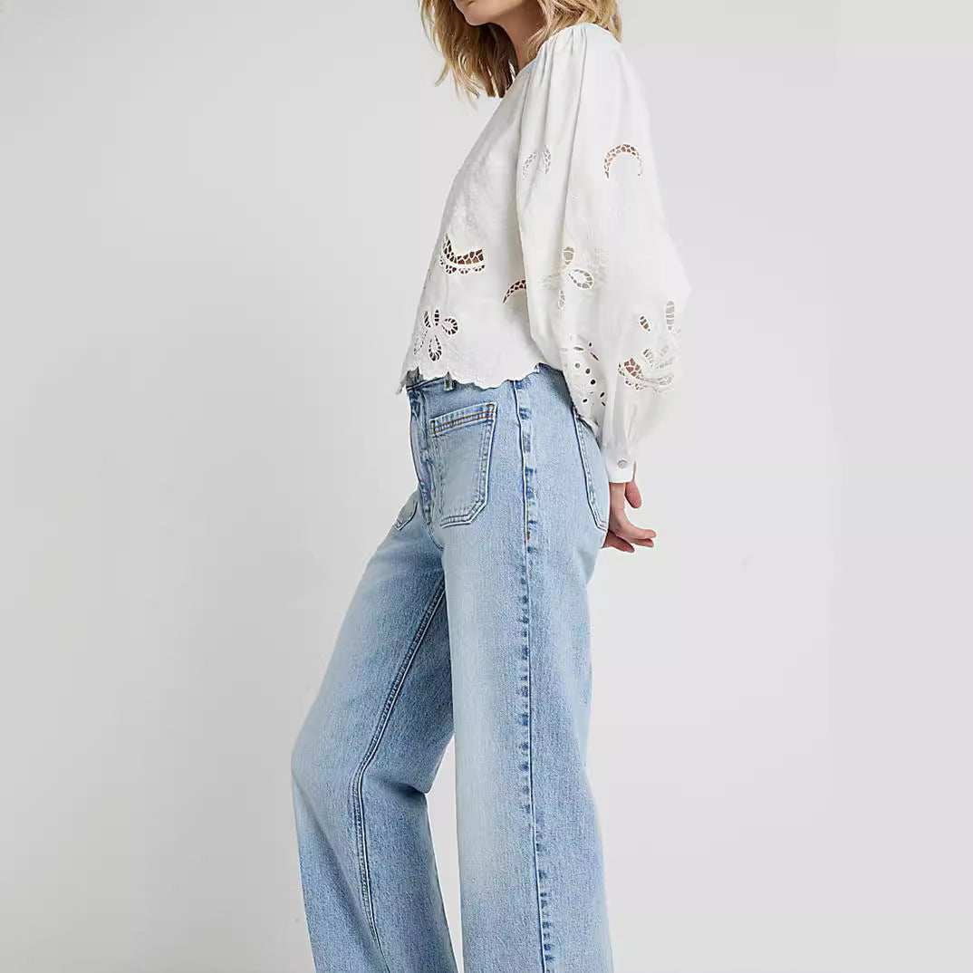 Dam Blus Långärmad Broderad Polyester Elegant Design-5