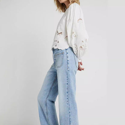 Dam Blus Långärmad Broderad Polyester Elegant Design-5