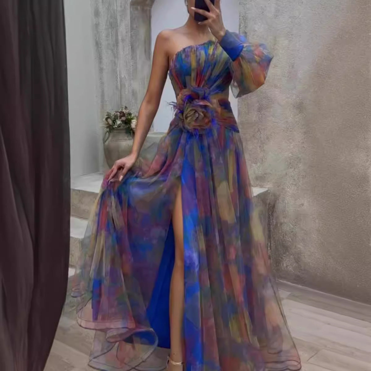 Maxi Klänning Dam Asymmetrisk Blommig Polyester Långa Ärmar-2