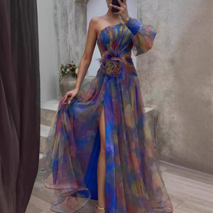 Maxi Klänning Dam Asymmetrisk Blommig Polyester Långa Ärmar-2