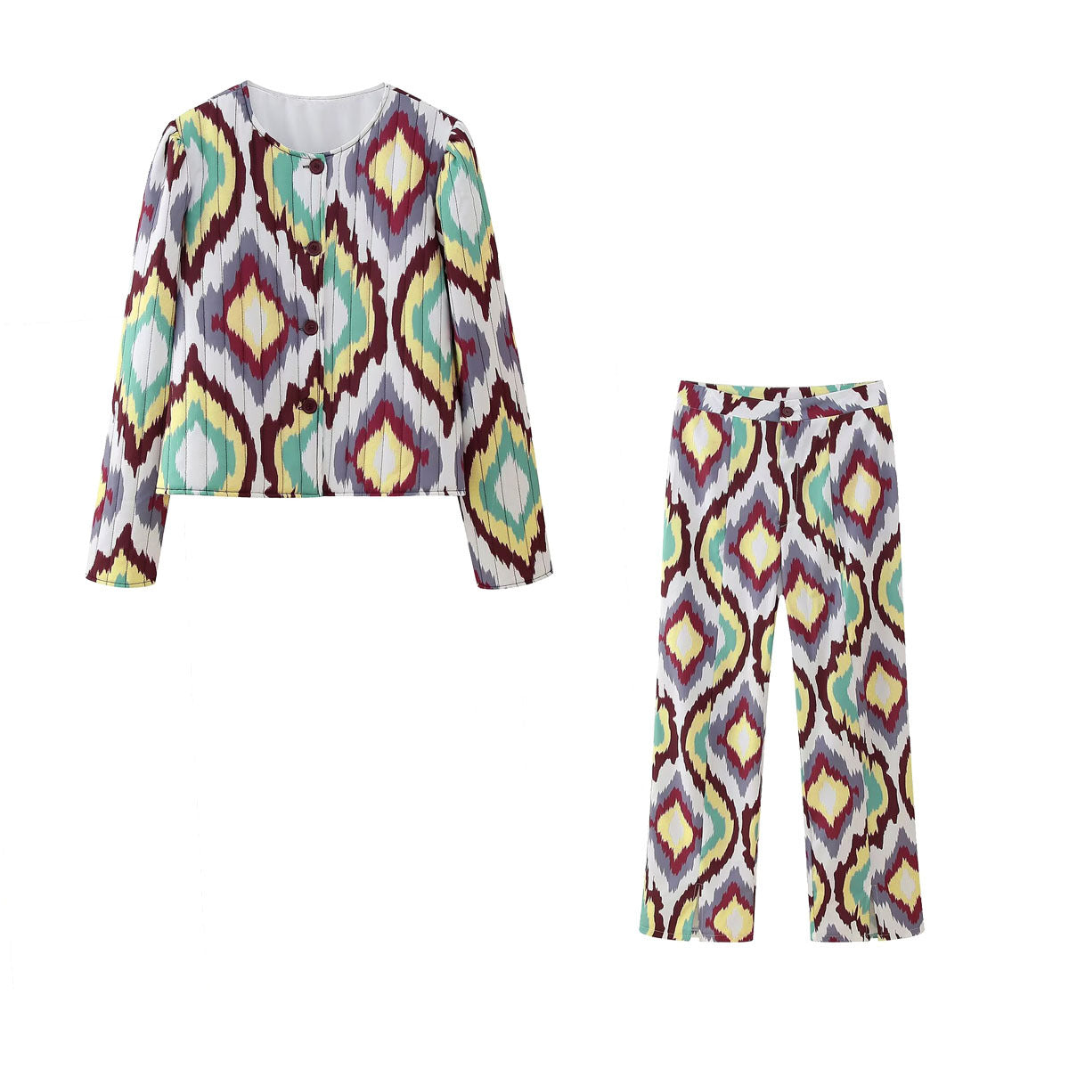 Kvinnors Avslappnad Kappa och Långa Byxor Diamantmönster Polyester-6