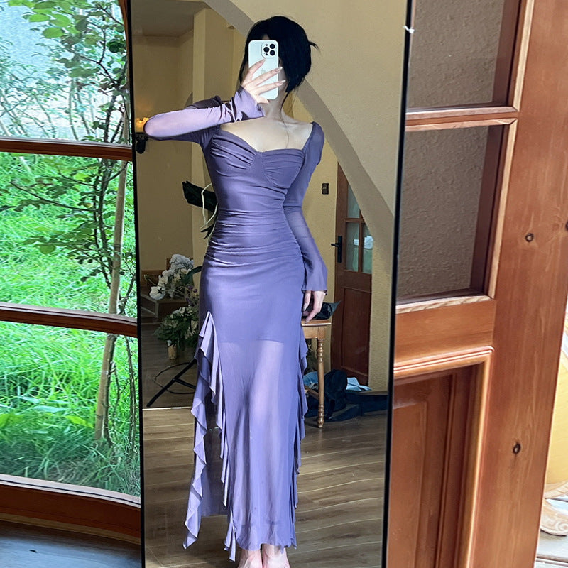 Dam Klänning Långärmad Fyrkantig Utskärning Polyester-3