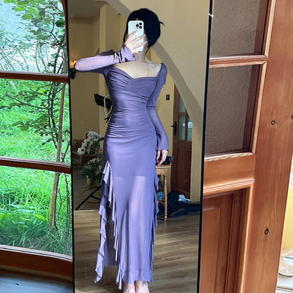 Dam Klänning Långärmad Fyrkantig Utskärning Polyester-3