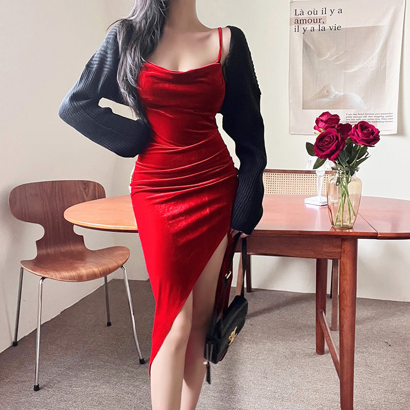 Aftonklänning med Justerbara Spaghetti-bärare och Hög Slits – Elegant Slinky Klänning för Fester och Bröllop 3