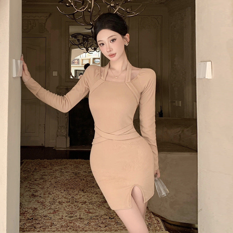 Kvinnors Bodycon Klänning Halshållare Långärmad Högkvalitativt Tyg Patchwork-3