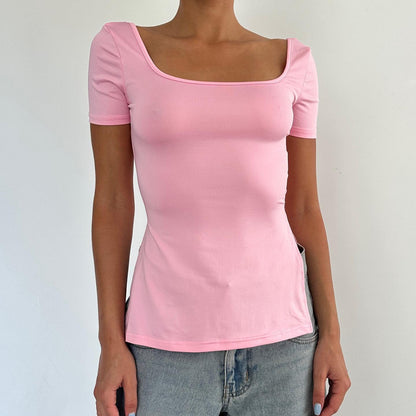 Damen T-Shirt mit Modernem Quadrat-Halsausschnitt, Elastisches Material, K kurze Ärmel - Stilvolles Oberteil für Sommer 2
