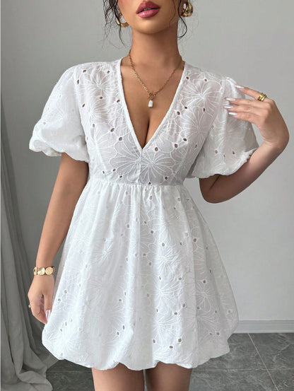 Bluskleid Damen V-Hals mit Puffärmeln aus Atmungsaktiver Baumwolle – Festliches Kleid für Sommer Veranstaltungen 1